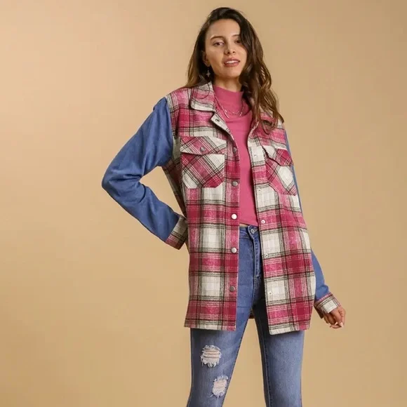 New UMGEE Plaid Flannel Fringe Shacket Magenta Pink Snap Up Denim Sleeves - Picture 2 of 13